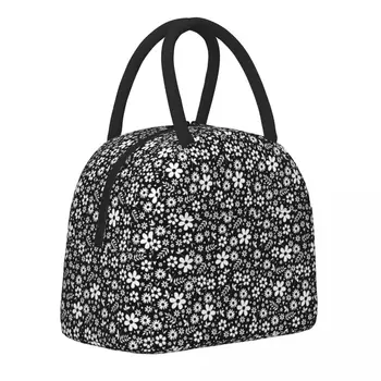 Женская сумка для ланча с цветочным рисунком Ditsy, черно-белый ланч-бокс, винтажная сумка-холодильник для пикника, переносная Оксфордская сумка-тоут на молнии, сумки для еды