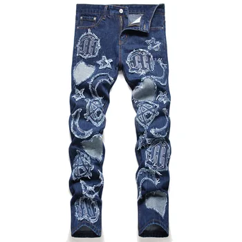 Мужские прямые свободные джинсы, модные рваные потертые заплатки, высокие уличные брюки с вышивкой, повседневные джинсовые брюки