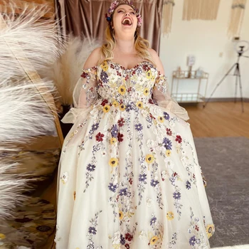 Белое платье с цветочным рисунком с открытыми плечами 3D Вышивка Разноцветные цветы Вечерние платья Открытая спина Прозрачное Свадебное платье с длинным рукавом