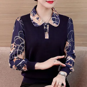 Офис Леди мода печатных Лоскутная рубашка повседневная кнопка с воротником Питер Пэн, Женская одежда весна осень с длинным рукавом блузка новая
