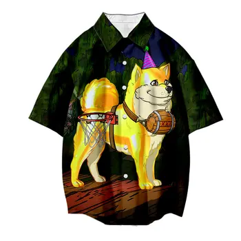 Летняя модная Азиатская мужская рубашка с короткими рукавами и рисунком собаки, уличные повседневные топы в стиле хип-хоп