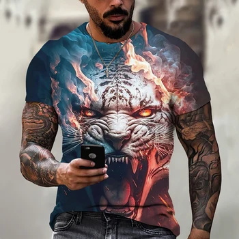 Мужская футболка с тигровым принтом, футболка с 3D рисунком зверя, мужская летняя уличная одежда, очень большой круглый вырез, короткий рукав, мужской модный топ