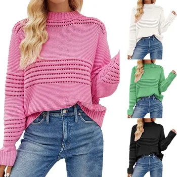 Женский однотонный пуловер с круглым вырезом, вязаный модный свитер в полоску