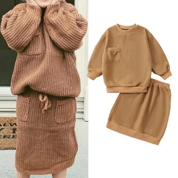 FOCUSNORM/ Модный комплект одежды для девочек от 2 до 7 лет, Пуловер с длинным рукавом, вязаный свитер с карманами и юбка с эластичной резинкой на талии