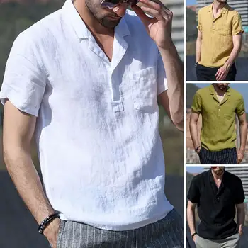 Мужская рубашка с пуговицами на лацканах, рубашка с половинной планкой, Однотонный пуловер с коротким рукавом и карманом, Топ уличной одежды
