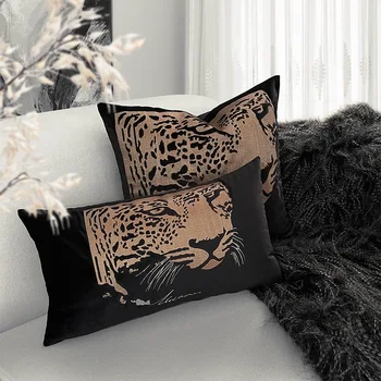 Наволочка с головой леопарда Роскошная Черная Бархатная Декоративная подушка для дивана с золотой вышивкой Современное украшение гостиной дома