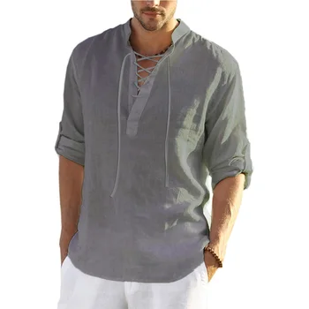 Мужская повседневная льняная блузка, летняя хлопчатобумажная льняная рубашка, свободные топы, футболка с длинным рукавом, однотонные мужские рубашки