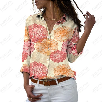 Весна и осень 2023, новая модная рубашка Поло с 3D-принтом подсолнуха, топ с длинным рукавом, женская рубашка, кардиган в стиле сельской девушки