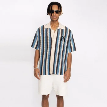Модная рубашка с коротким рукавом и вышивкой в полоску, Летняя трикотажная рубашка с квадратным вырезом в цвет блока, повседневные рубашки для Хай-стрит, мужская одежда