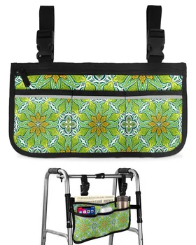 Зеленый геометрический узор, Подлокотник для инвалидной коляски, Боковое хранилище, Несколько карманов со светоотражающими полосками, Подвесная сумка для хранения детской тележки