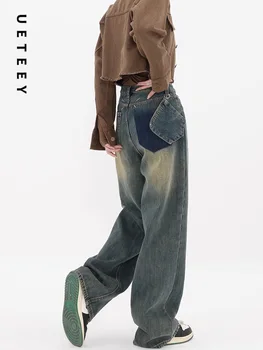 UETEEY Джинсы с высокой талией, широкие мешковатые брюки, уличные брюки, Y2k Fashion 2023, свободные джинсовые брюки для бойфренда, джинсы для мам