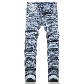 Мужские джинсы с Рваными нашивками с бахромой, уличная одежда в стиле пэчворк, Узкие прямые брюки-стрейч, синие брюки