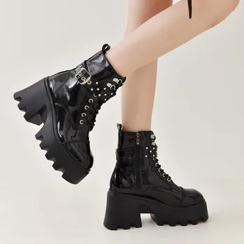 Женская обувь больших размеров, Женские ботильоны с боковой молнией, женские ботинки на высокой платформе, квадратный каблук, круглый носок, Женская обувь с пряжкой на ремне, женская обувь