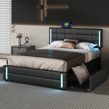 Мягкая кровать на платформе со светодиодной подсветкой и USB-зарядкой, кровать для хранения вещей с 4 выдвижными ящиками, черная