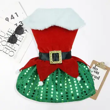 Рождественское платье для домашних животных с пуговицами, одежда для домашних животных, праздничное платье Санта-Клауса, юбка, сверкающий подол с блестками, удобная для Рождества