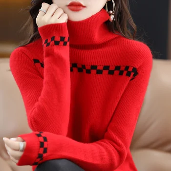 2023 Осенне-Зимний женский Новый пуловер, повседневный свитер с воротником из 100% шерсти, мягкая и дышащая блузка