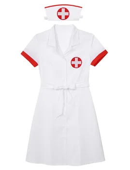 3шт Женщины Взрослые Медицинская медсестра Униформа доктора Косплей костюм Искушение Сексуальная игра Ролевая игра Платье Наряд с поясом и шляпой