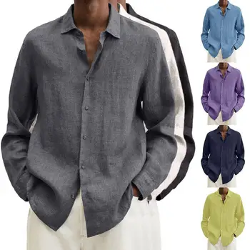 Модные мужские рубашки из хлопка и льна с отложным воротником 2023 года, повседневная однотонная рубашка с длинным рукавом, мужской кардиган на пуговицах