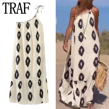 Длинные платья с принтом TRAF для женщин, асимметричное Свободное Летнее платье Woman 2023, повседневные праздничные пляжные платья с открытыми плечами и открытой спиной