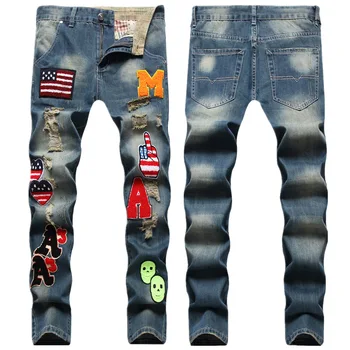 Голубая мужская дизайнерская одежда в стиле хип-хоп с прямыми штанинами, потертое винтажное полотенце в стиле хип-хоп, вышитая нашивка на джинсах для мужчин