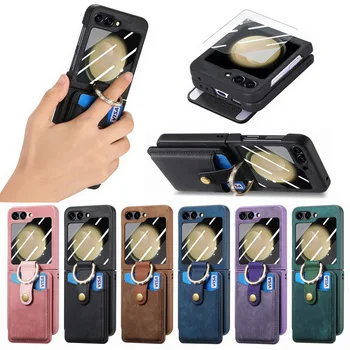 Магнитный Чехол-бумажник Из Искусственной Кожи Для Samsung Galaxy Z Flip5, Роскошный Карман Для Карт, Кольцо-Держатель, Подставка, Задняя Крышка Для Z Flip 5